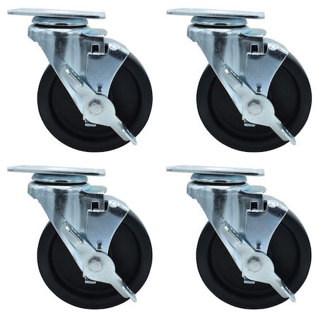 Bk Resources 5-inch Plate Casters, Polyolefin Wheels, Top Lock Brake, 300lb Capacity, 4PK 5SBR-1PT-LDP-PS4